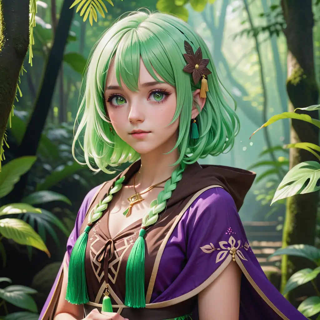 Collei from Genshin Impact as teenage girl, medium length light green hair, bangs, violet eyes, brown embroidered dress with green and brown shawl with green tassels, in a rainforest