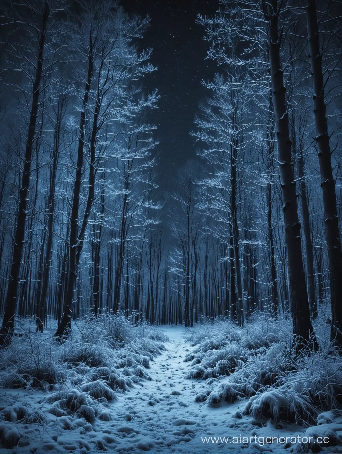 ночной зимний лес с голубым фильтром

