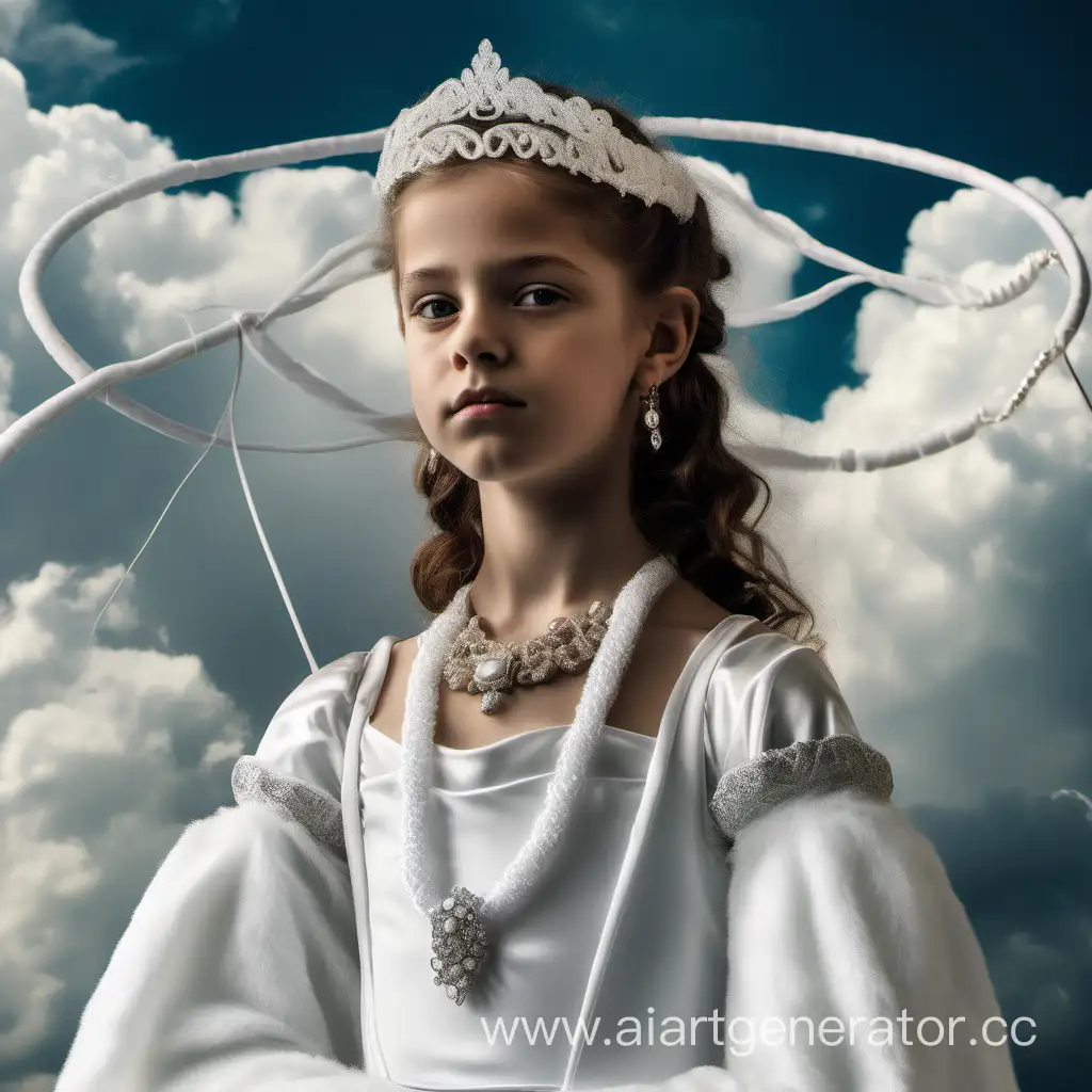 Девочка 14 лет в образе стихии воздуха, длинное белое пушистое платье с драгоценными украшениями, на голове белый обруч, на фоне облака