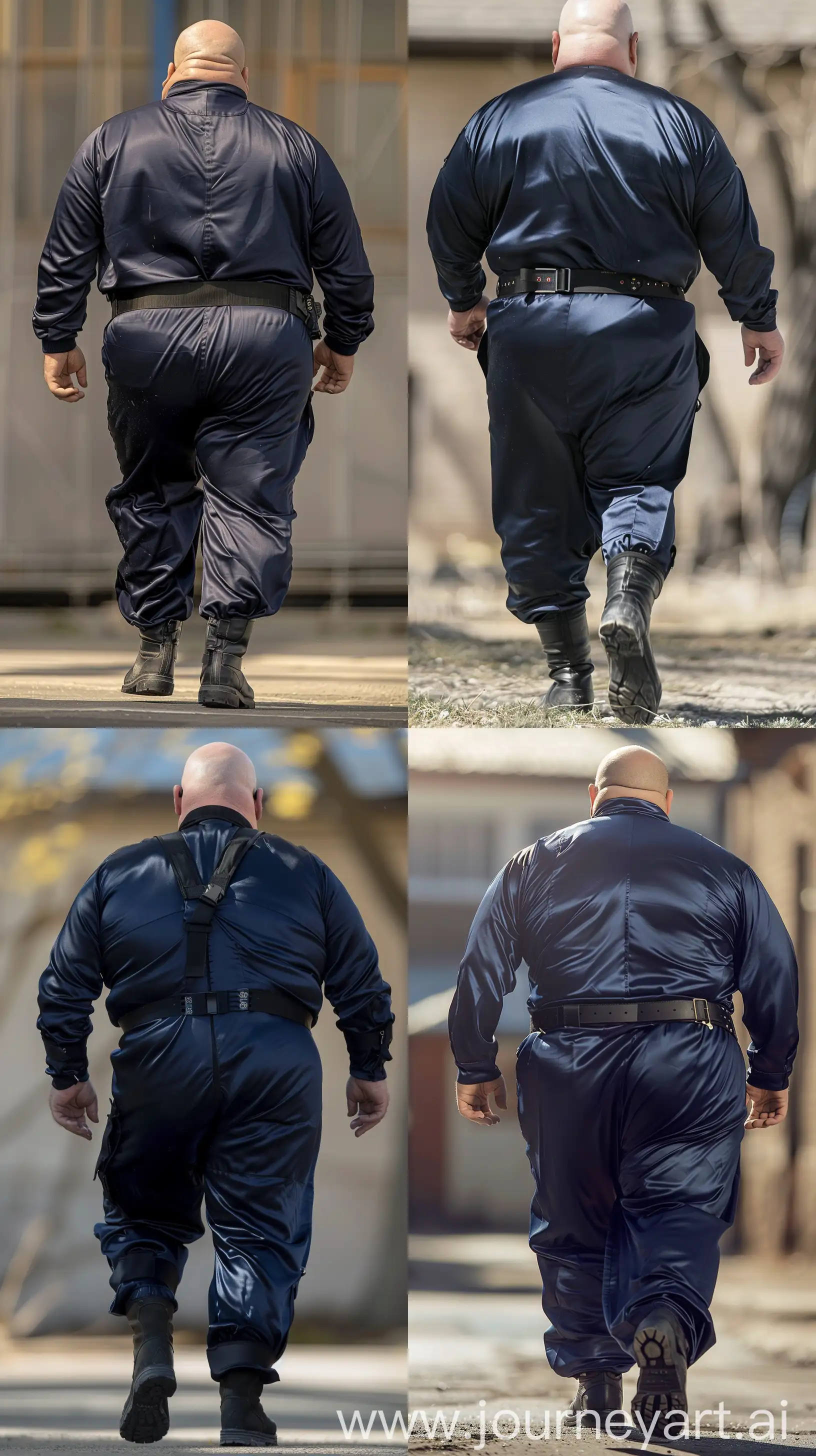 Close-up full body back view photo of a very fat man aged 60. The man is wearing silk navy battle tight coverall tucked in black tactical boots. Black tactical belt. Standing straight and walking fast. Straight legs. Outside. Bald. Clean Shaven. Natural light. --ar 9:16