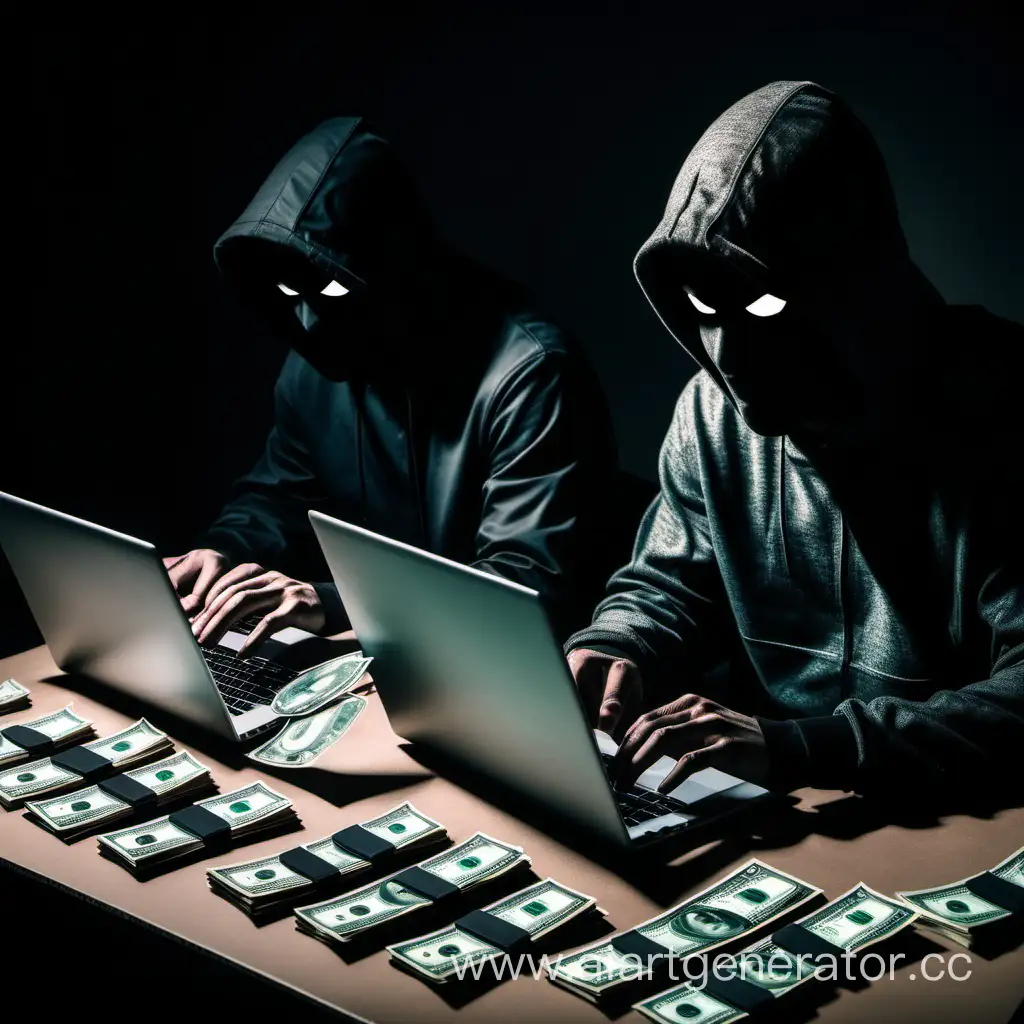 Теневые Хакеры пишут софт на ноутбуках, рядом с ними лежат пачки денег и банковских карт