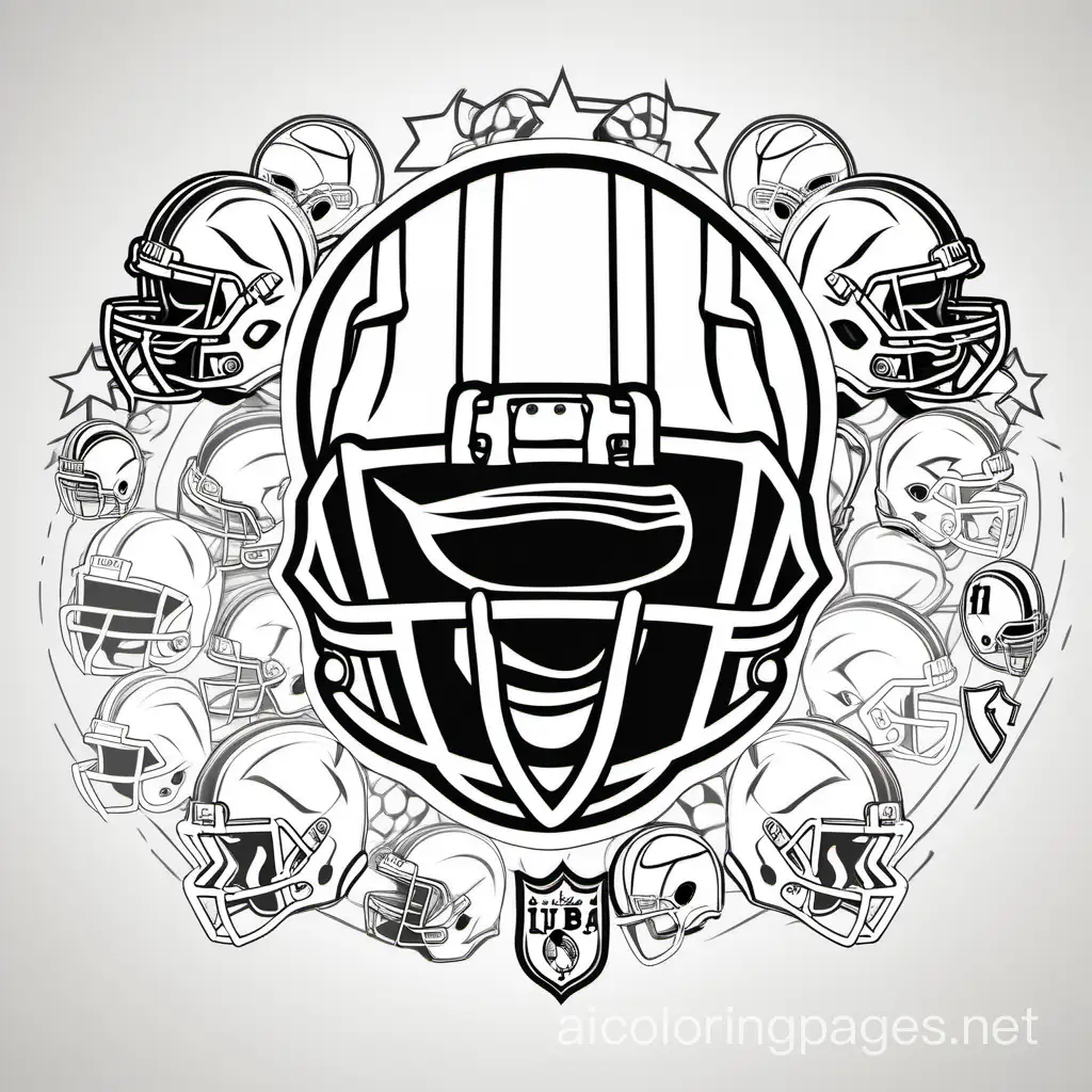 american football logos, Coloring Page, black and white, line art, white background, Simplicity, Ample White Space. The background of the coloring page is plain white to make it easy for young children to color within the lines. The outlines of all the subjects are easy to distinguish, making it simple for kids to color without too much difficulty
