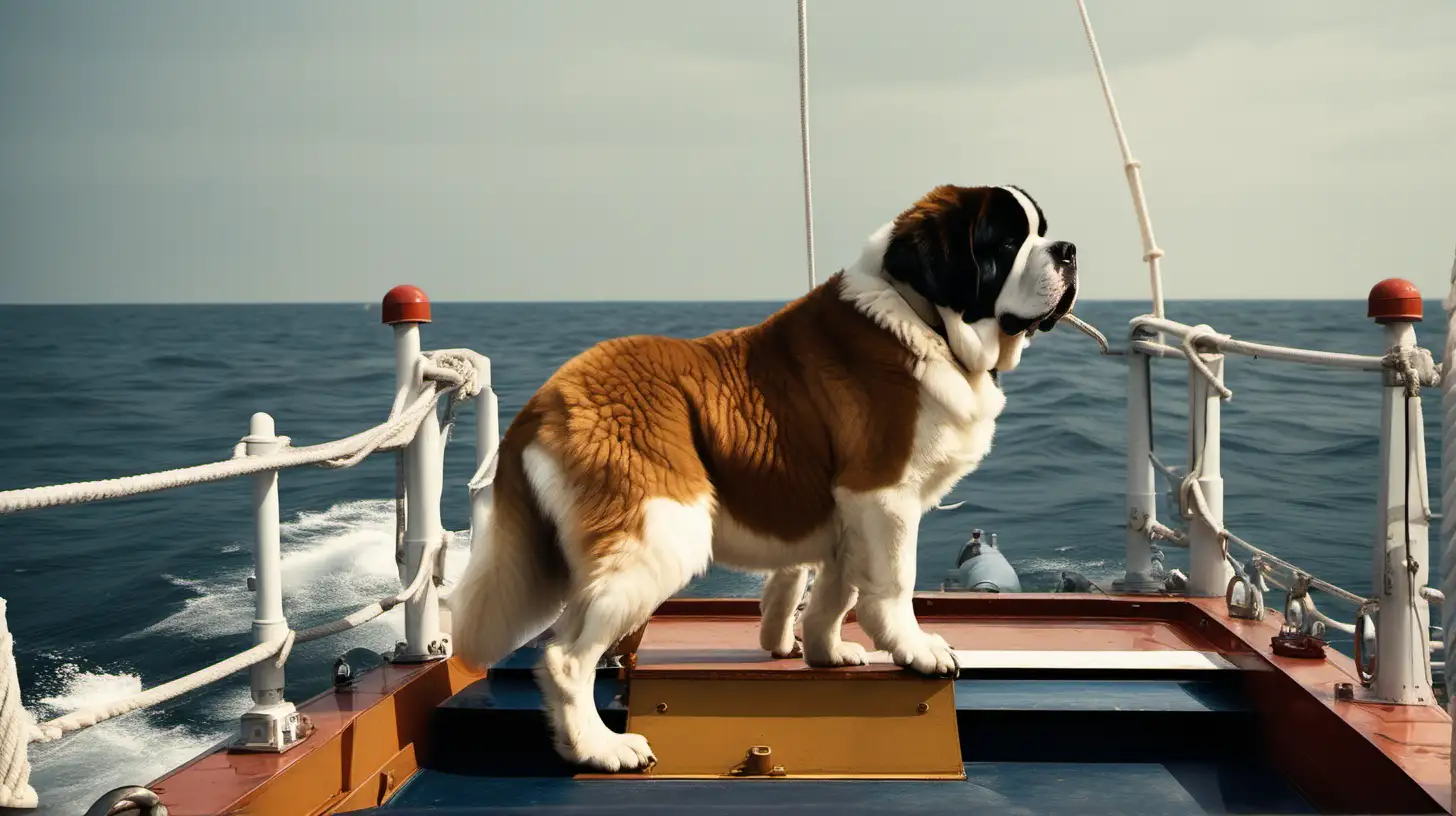 a Saint Bernard dog, on a navy ship, pushing a man overboard, into the ocean