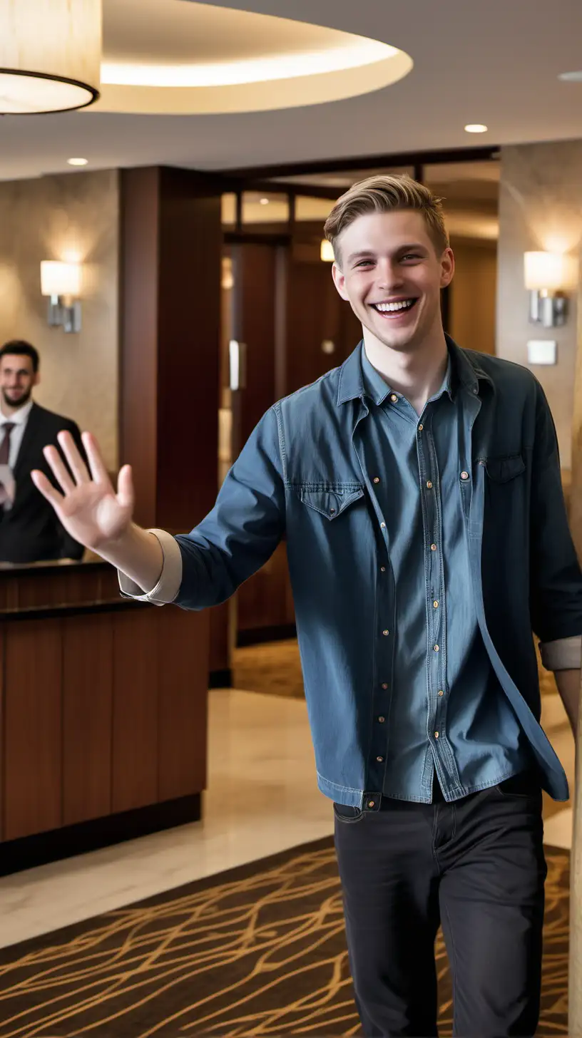 Welcoming Gesture Friendly Young Man Greeting Hotel Manager with a Smile