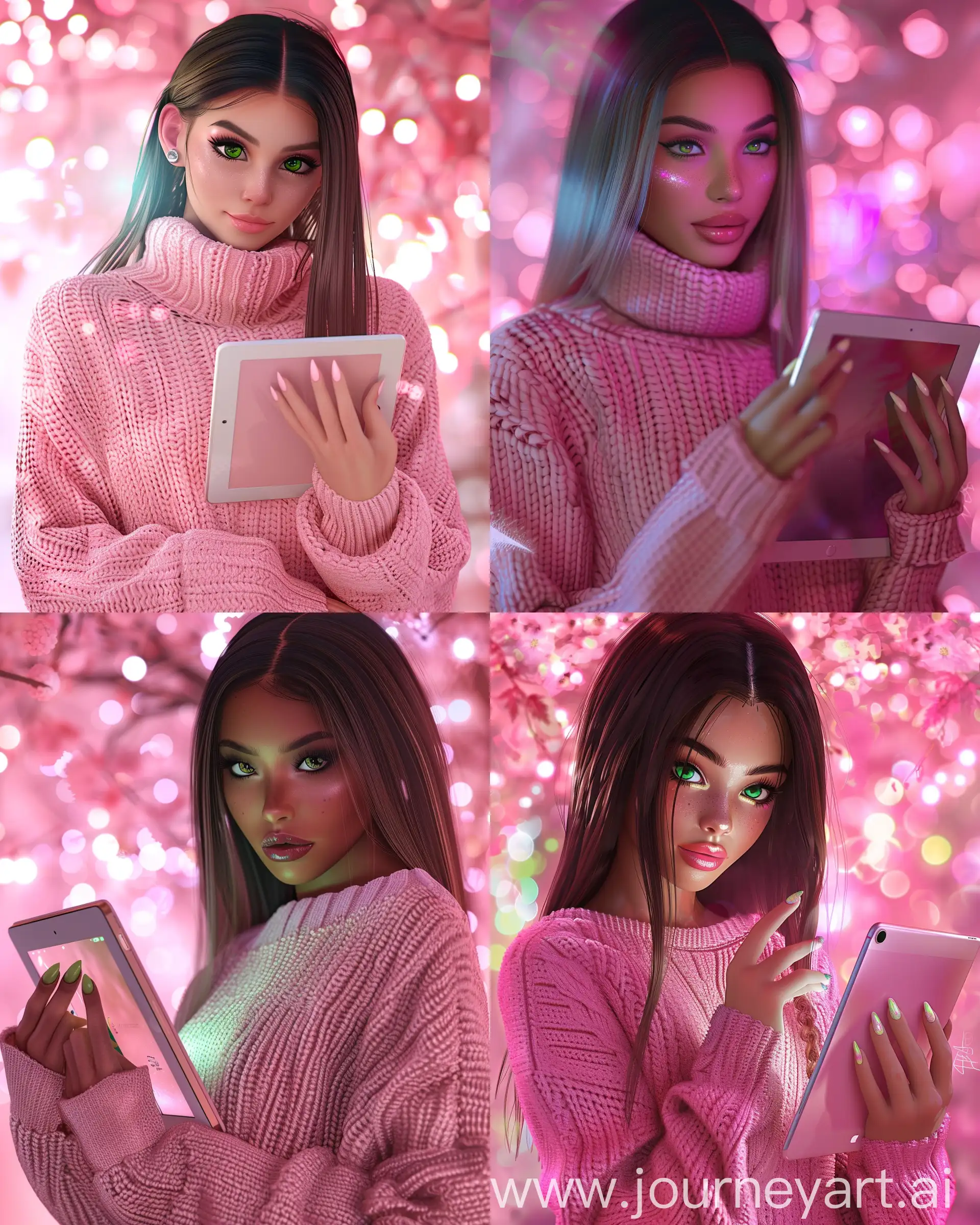 A girl with dark brown, green eyes, straight hair, in a pink sweater, holding an iPad, manicure on long nails, beautiful pink light in the background —ar 4:5
