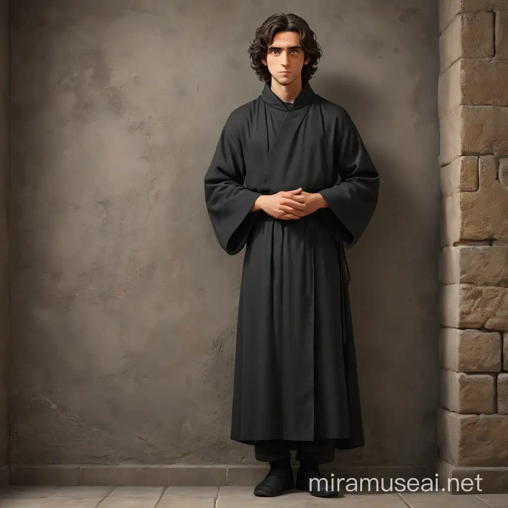 The monk in the black cassock rested two hands on the wall. We can see his full height, every foot and every hand. He has shoulder-length dark wavy hair, a big long nose, and big sad dark eyes.In realism style, 3D animation.
