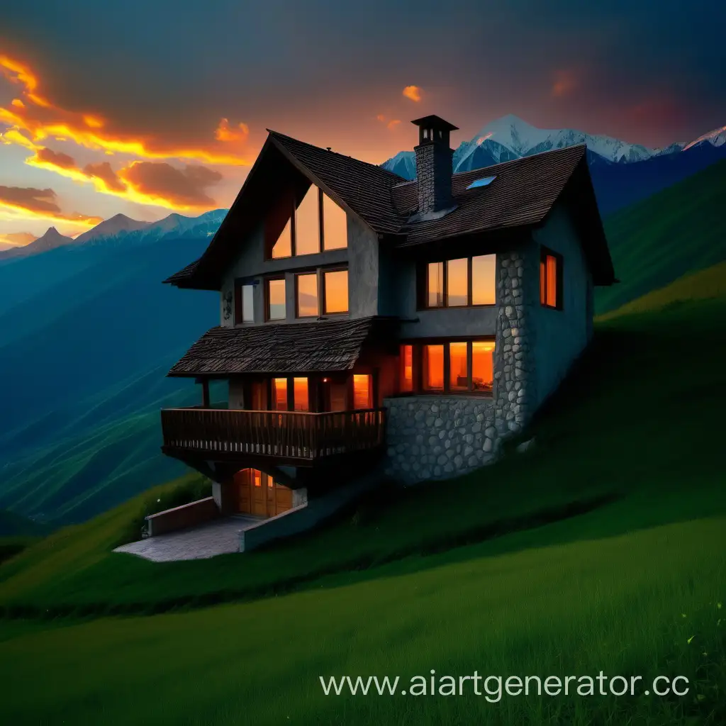 Дом как у хоббитов на фоне кавказских гор трёхэтажный красивый закат