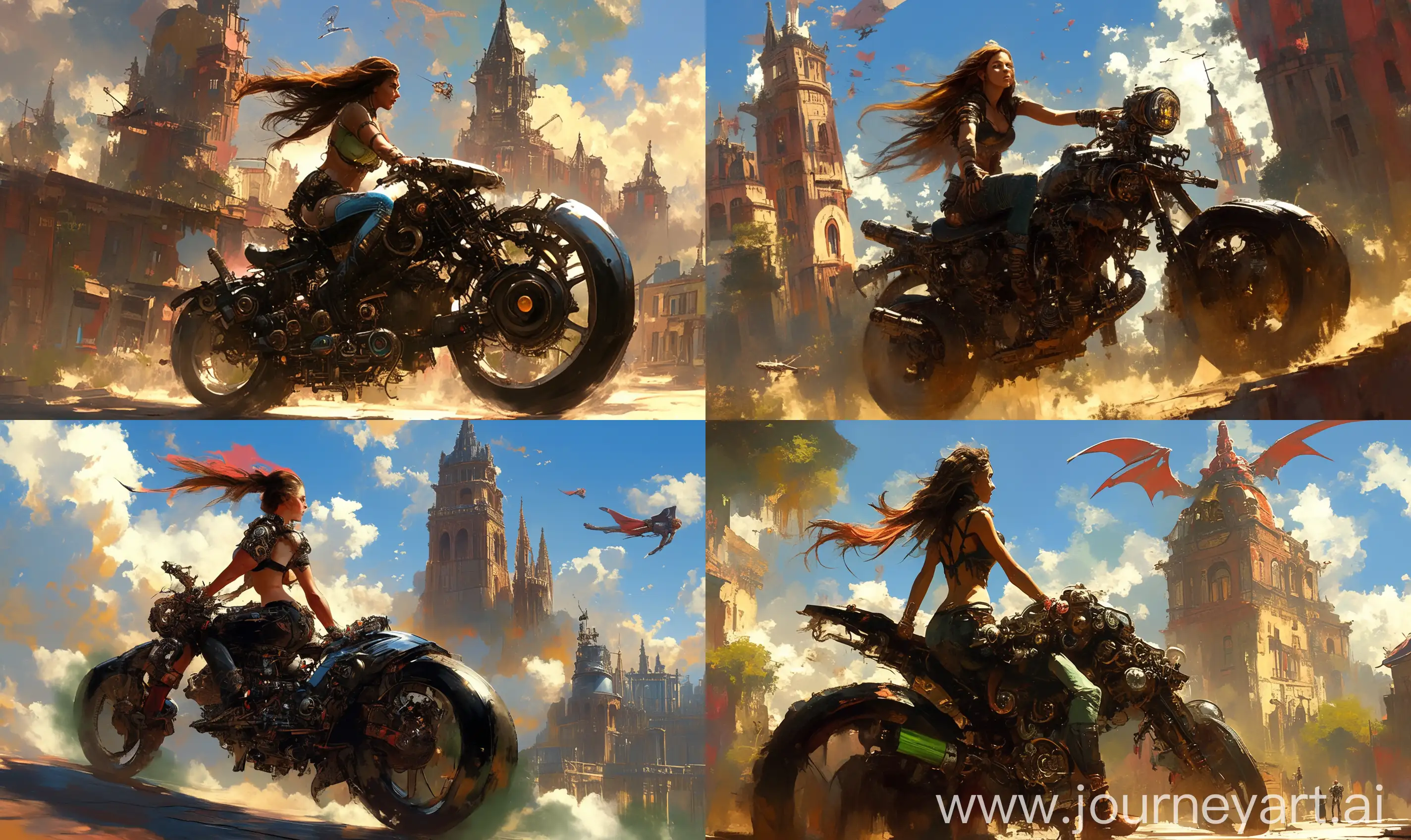 Women Amazon warrior with futuristic motorcycle in the steampunk style of the Victorian era state of street on big towers with magic mechanisms and laboratory devices, in sky flying derigibles, Luis Royo and Jim Lee style, features, ancient, highly detailed, complex, golden ratio composition, X-Men comic book cover --niji 6 --ar 27:16 --s 950 --sref random