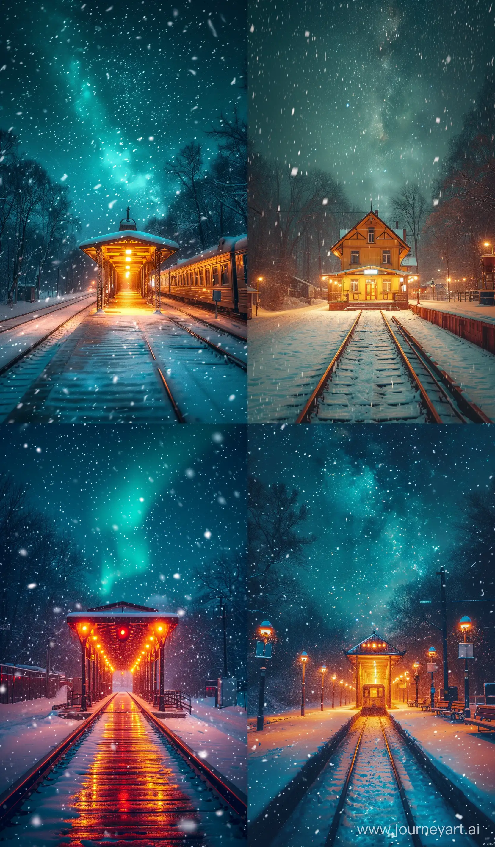 Lonely-Snowy-Night-at-the-Rail-Station-with-Starry-Sky-and-Aurora