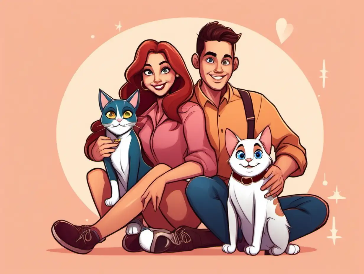 create a guy  and a woman holding a  cat and with dog while sitting in disney style