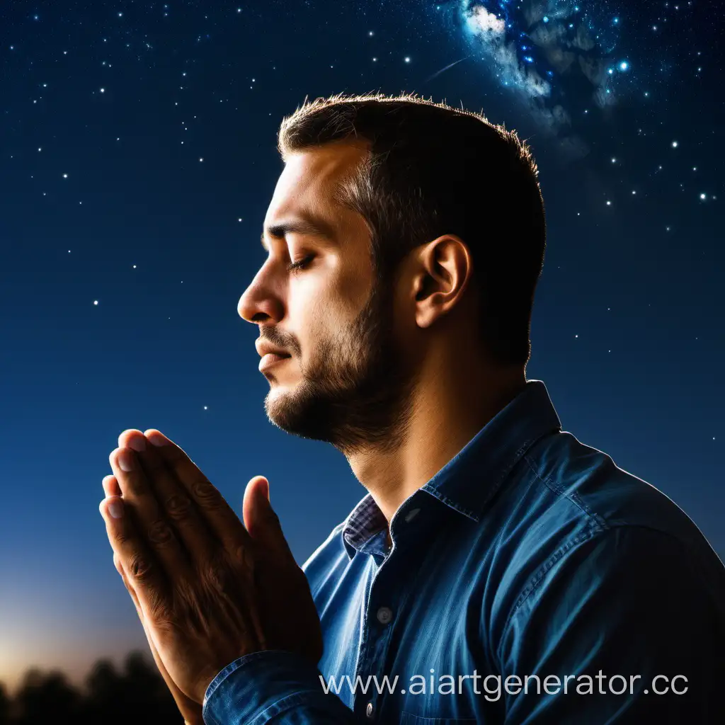Мужчина молится Богу смотрит в ночное небо лицо в профиль 