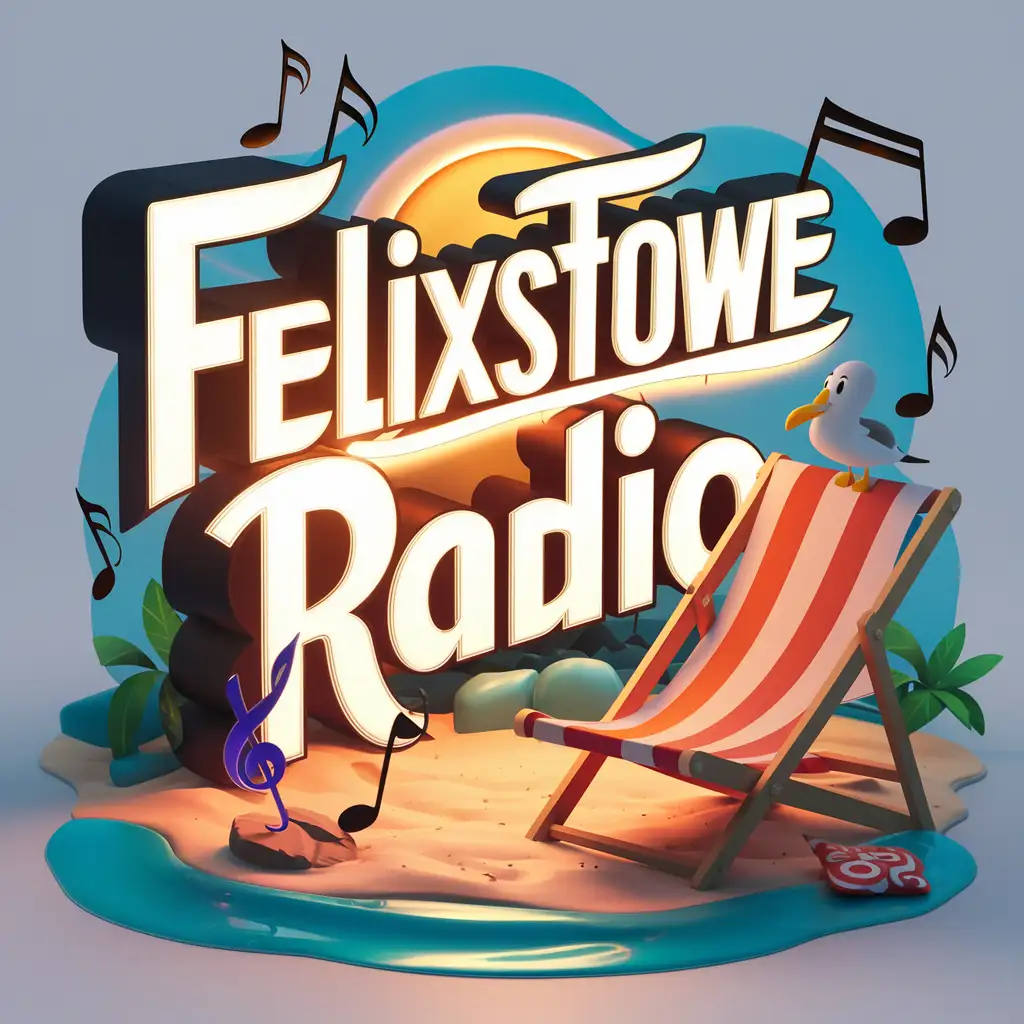 The name in 3d: "Felixstowe Radio” elegant deck chair on a beach , musical notes surrounding a cheeky seagull , cartoon 3d render, cinematic, typography v0.2, illustration, cinematic, typography, 3d render “Felixstowe Radio” lots of fresh blues and oranges in the colours