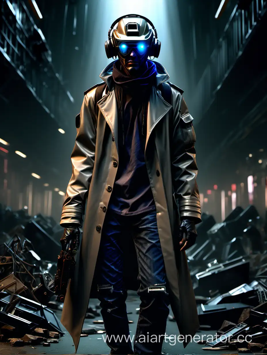 person wearing a helmet, cyberpunk streetwear, artstation, designers republic, eva unit-00 in the back, void vortex, magazine photo from 2007, d render, trench coat with many pockets, floating headsets, ((masterpiece)), detailed soft oil painting, detailed background, dramatic cinematic lighting, soft edge lighting, professional, dramatic lighting, hard edge lighting, ultra quality, 4k,(masterpiece, best quality, 8k, ultra highres, highres:1.4), extremely detailed