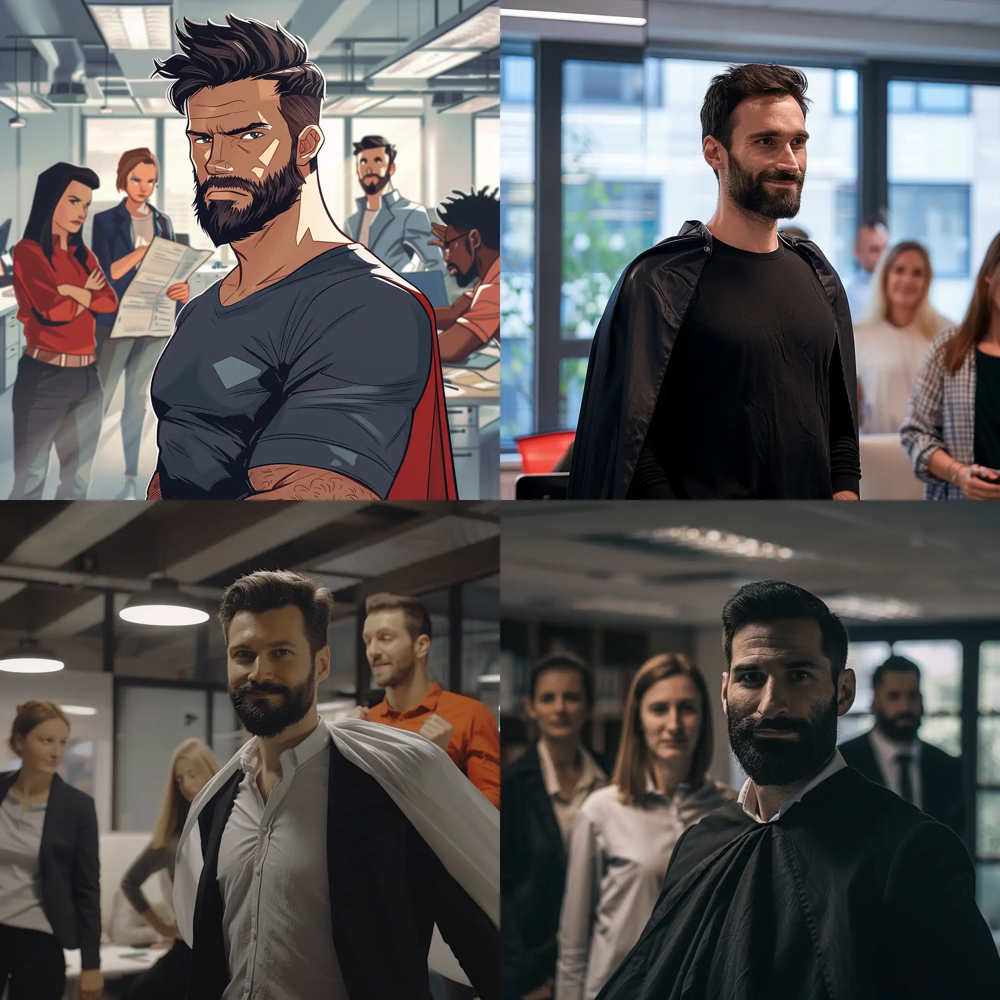 A superhero in a office setting called Florian (German, dark short hair, beard)  that can read the mind of his coworkers
