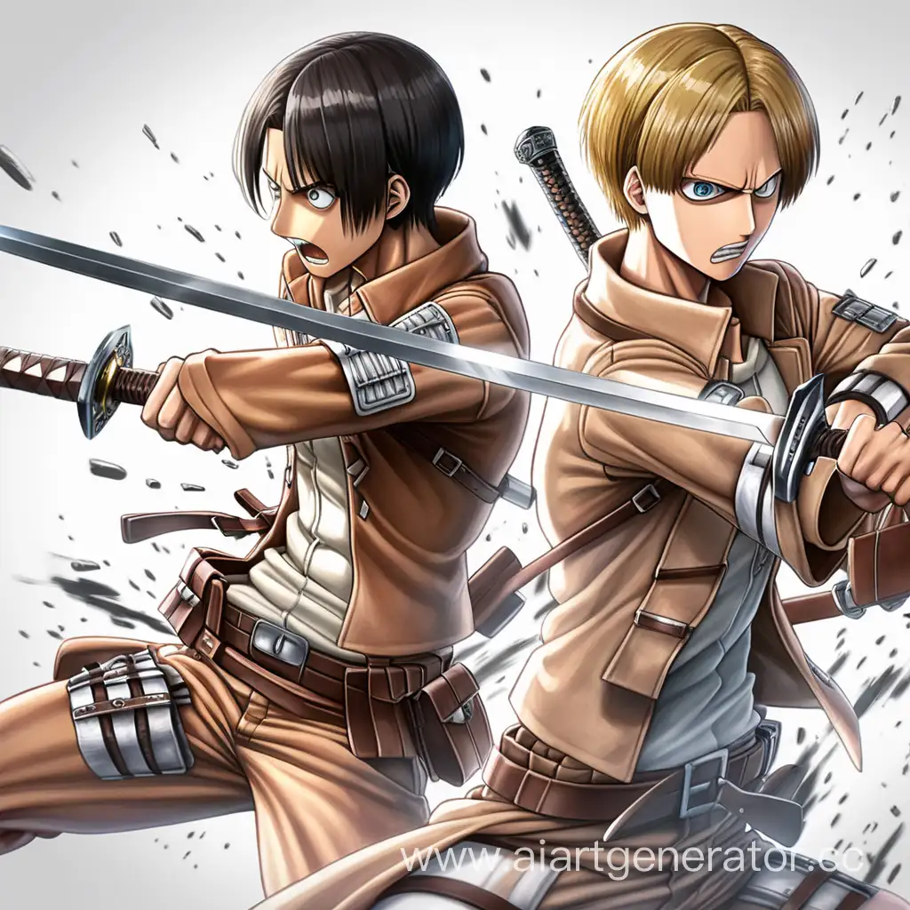 Нарисуй как два человека из атаки титанов сражаются на мечах в стиле аниме
