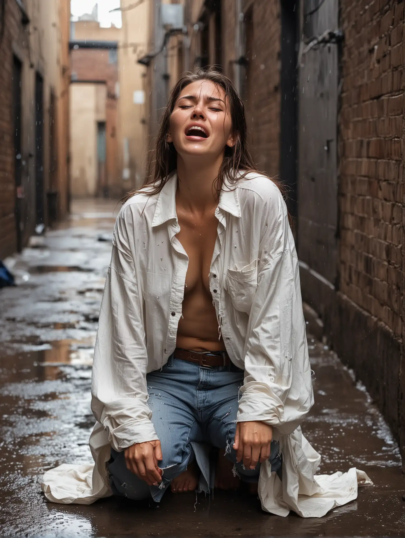 cowboy shot, beautiful woman, (torn oversized shirt and pants:1.1) , sitting on the ground in a messy alley, (crying:1.3) , raining, wet, wet hair, minimal light. 