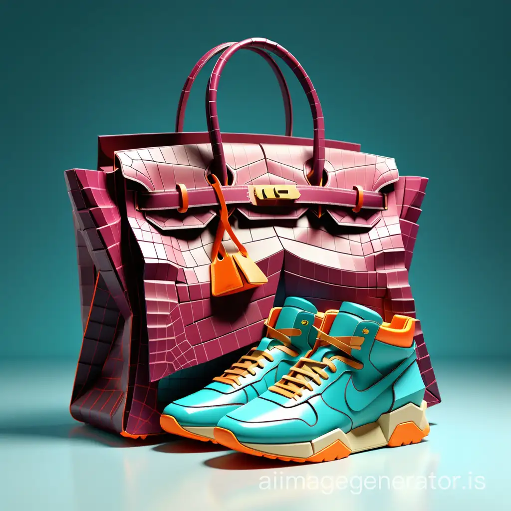 Create a logo for a website selling branded bags and sneakers, a stylish, designer, fashionable Hermes birkin crocodile bag in marsala fuchsia wine color is depicted, a Gironacci bag is orange, Nike Air sneakers are depicted, the bag and sneakers go beyond the traditional, combining elements of fantasy with the smooth elegance of origami-inspired architecture. Each fold and contour of this prototype shoe, illustrated with cinematic precision, tells a story of innovation and creativity. Its clean lines and geometric shapes create a sense of modernity, add energy and excitement. sneakers and a bag combining minimalist aesthetics and fantastic elements, The background of the logo itself is bright turquoise, there are no inscriptions and text on the image, My logo stands out, evokes premium quality, but at the same time minimalistic, mesmerizing 3D rendering, The overall atmosphere of this stunning creation radiates luxury, Immersive 3D rendering of abstract images, high detail, photorealism, avant-garde design, incredible details, saturated colors, high quality, 4K, high resolution, digital art style, fashion, 3d rendering, illustration, cinematic, vector design, Francoise Nielli's art style, multicolor silver, reflections, bright and acidic colors, turquoise, blue, emerald, marsala, orange, pink, purple and neon yellow, warm yellow, azure, fuchsia, depth and volume, I do not want text on the image, illustration, 3D rendering cinematic, fashion, clipart vector, Whether you are a fashion enthusiast, an anime fan, or just a person who appreciates bold design, this prototype of origami shoes and bags is sure to make itself felt. Step into the future of shoes and bags and unleash your imagination with this cinematic masterpiece brought to life in illustrations.