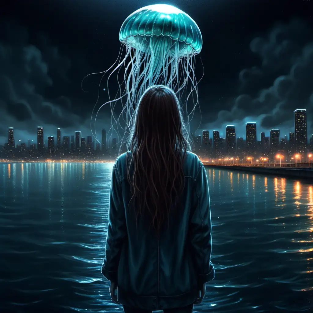 empty soul lonely night city lights girl meets jellyfish realistic detailed back sad