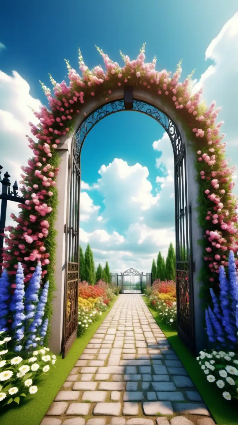Vibrant Garden Gateway with Colorful Flowers under Clear Sky Ultra High Definition Photography Masterpiece