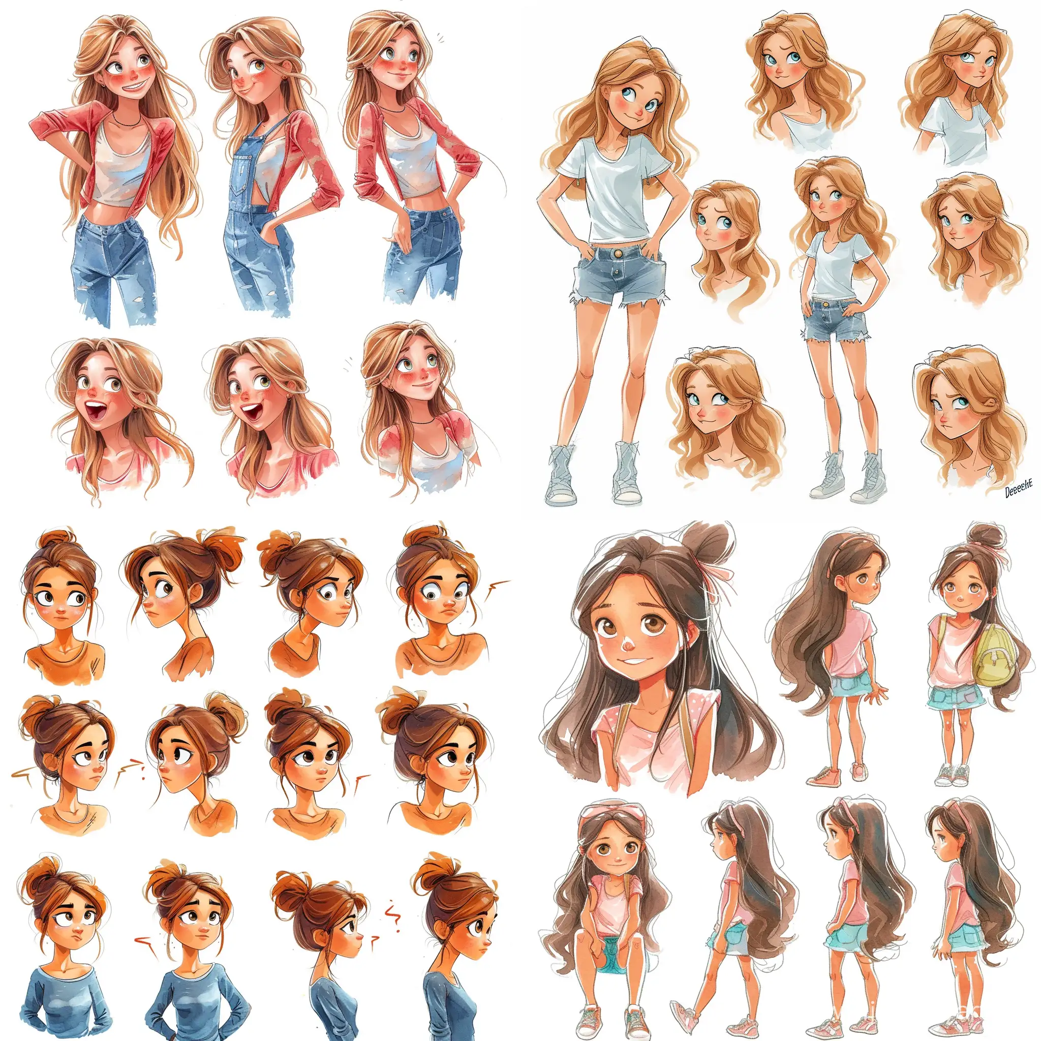 Create an Kids book Character, Illustration of a Teenage Topmodel, watercolor Style, in the Style of  topmodel by Depesche, multiple poses and expressions