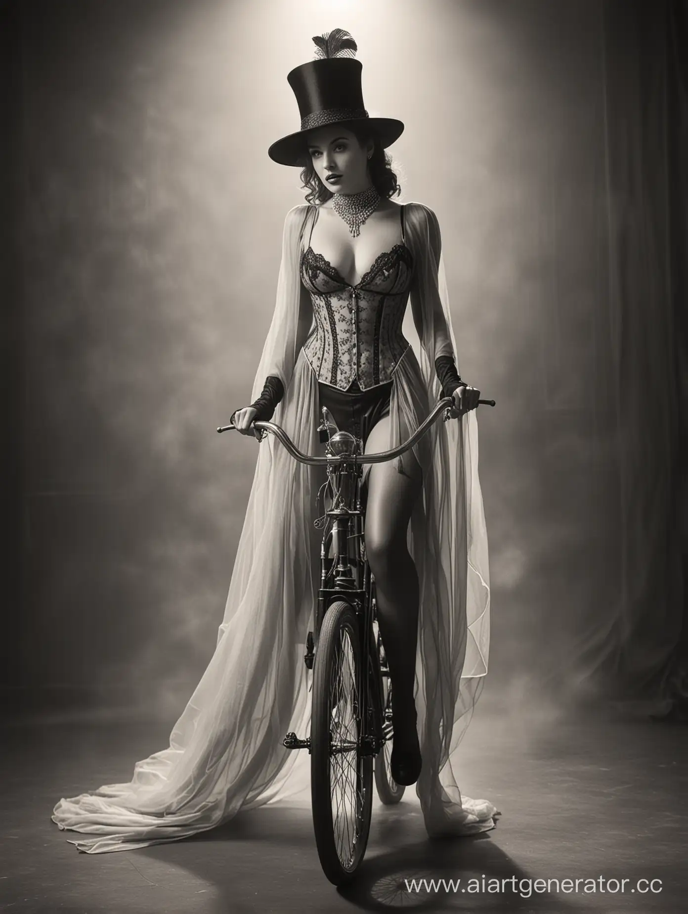 European woman wearing silk stockings at the waist. In a long luxurious transparent dress. dress with a high slit. Her breasts are exposed. She rides a stomppunk bike. She has a fashionable hat. All against the backdrop of the circus arena. Late 19th century. One universal light source. Fog. Everything is in the style of vintage black and white photographs