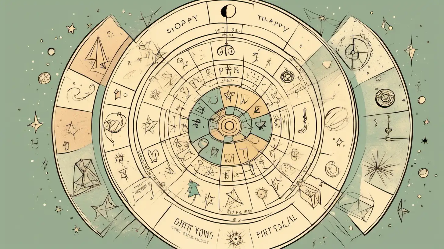 Draw An astrological wheel with  a few  gift box flying around it. Loose lines. Muted color, with little text
