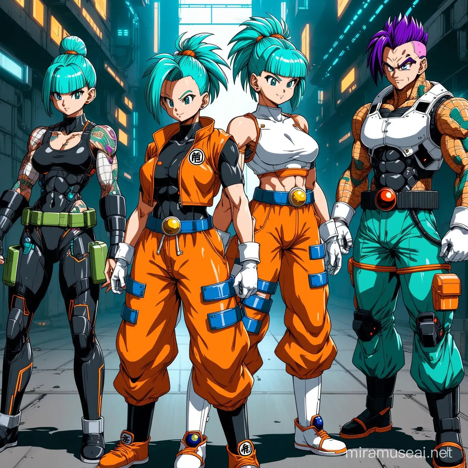 Show me dragon ball z alcharacters in a cyberpunk setting with cyberpunk body modifications such as robot arms, features, and other creative body modifications while still making the characters recongnizable and outfits that are in the cyberpunk world, leave some skin and recognizable features so that the characters look like they do in dragon ball z but with slight cyberpunk variations, for example keep bulma's outfits and style but give it a cyberpunk twist and a couple subtle body modifications while keeping the characters in the respective world but make it look as if it's going through a cyberpunk era, make sure their face stays exactly the same, create a heavy influence of things from dragon ball and include a background from there