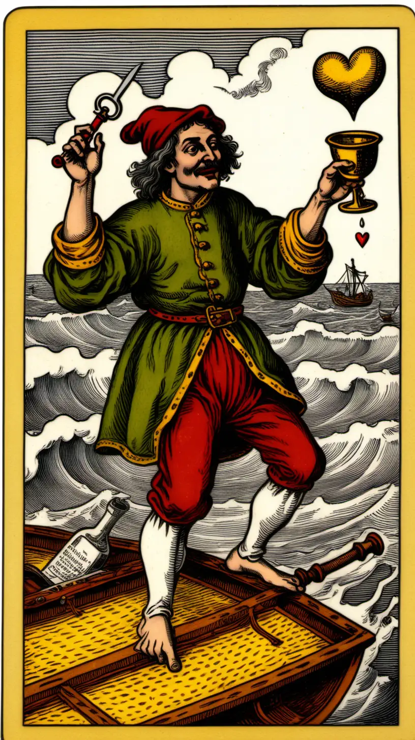 A non-numbered tarot of marseille card of a drunken fool crawling towards a full cup of wine fumigating, on one hand he is holding an old wood switchblade to cut the alchemical symbol of air and on another hand he holds a heart, he is being socially expelled on a caravel boat towards an island and under a terrible storm out of real-time and space, he is a poet and a libertine, he is laughing satirically and euphorically, but on the inside he is nothing but a mere puppet.