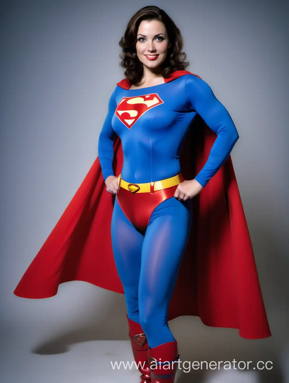 A beautiful woman with brown hair. Age 29. She is happy and muscular. She is wearing the classic Superman costume worn in "Superman The Movie", with (blue opaque leggings), (long blue sleeves), red briefs, red boots, and a long cape. Her costume is made of matte spandex. She is posed like a superhero. Strong and powerful.