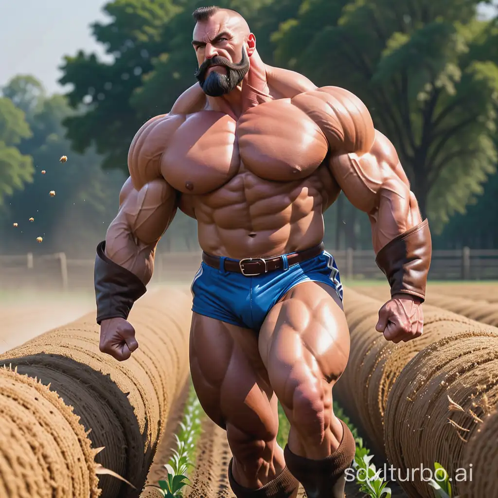 very muscular bodybuilder plows a field using his own body. shirtless. HQ photo!! more muscular than zangief!!!