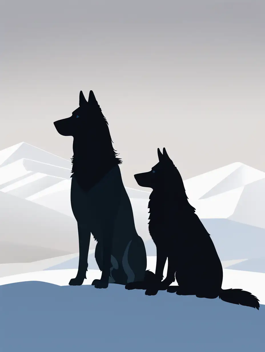 In a minimalist depiction, against a backdrop of subtle gradients suggesting a snowy landscape, two simple silhouettes stand side by side. The first silhouette represents the Husky Malamute mix, characterized by a sturdy build and a distinctively fluffy tail. Its silhouette is defined by clean lines, with subtle hints of grey, black, and white suggesting the layered fur.

Beside it, the silhouette of the Husky German Shepherd mix is portrayed with elegance and grace. Its silhouette is sleeker, with pointed ears and a tail that curls gently upwards. The silhouette is predominantly light in color, with soft accents of brown and white to suggest the fur texture.

Both silhouettes are minimalistic in design, with no intricate details or embellishments. They stand together in harmony, their simplified forms capturing the essence of their breeds and the timeless bond they share.

Overall, the minimalist aesthetic of the image conveys a sense of simplicity and elegance, inviting viewers to appreciate the beauty of these majestic creatures in their most essential forms.
