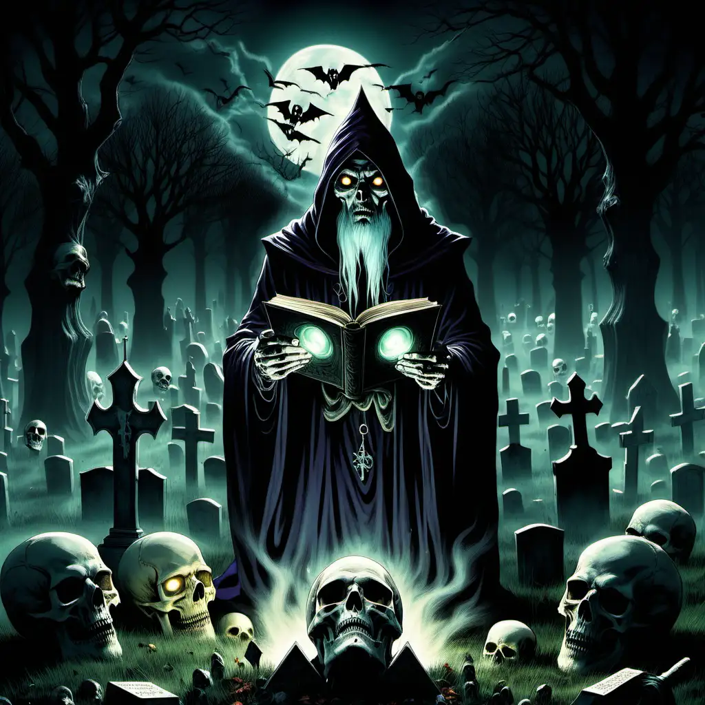 Dark fantasy wizard, 1970s style artwork, reading from grimoire, in a cemetery at night, holding a skull with an eerie glow coming from the skull’s eye sockets, the dead are rising from their graves