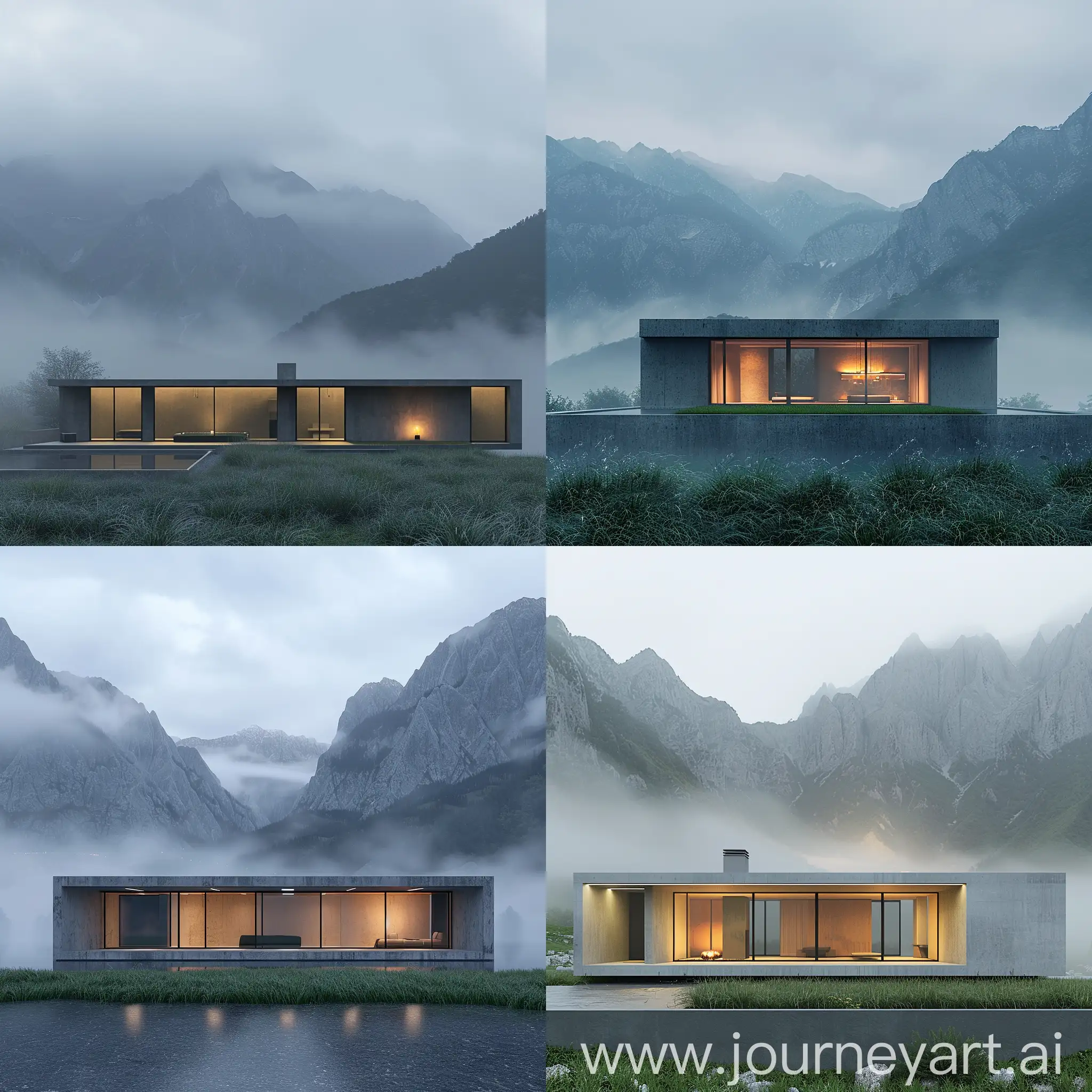3д визуализация, дом на фоне гор, дом прямоугольной формы, трава у дома, внутри дома приглушенные огни, минималистичный дизайн, туман, пасмурно