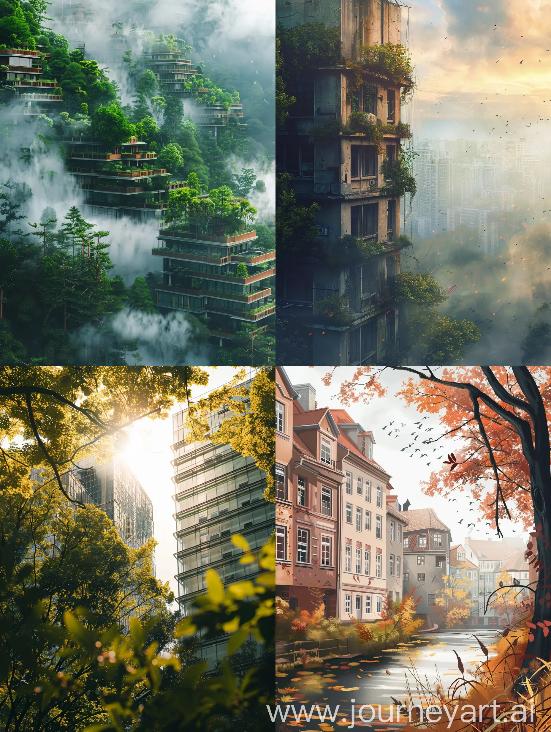 create an image of building backgrounds with nature  atmosphere and a cool day