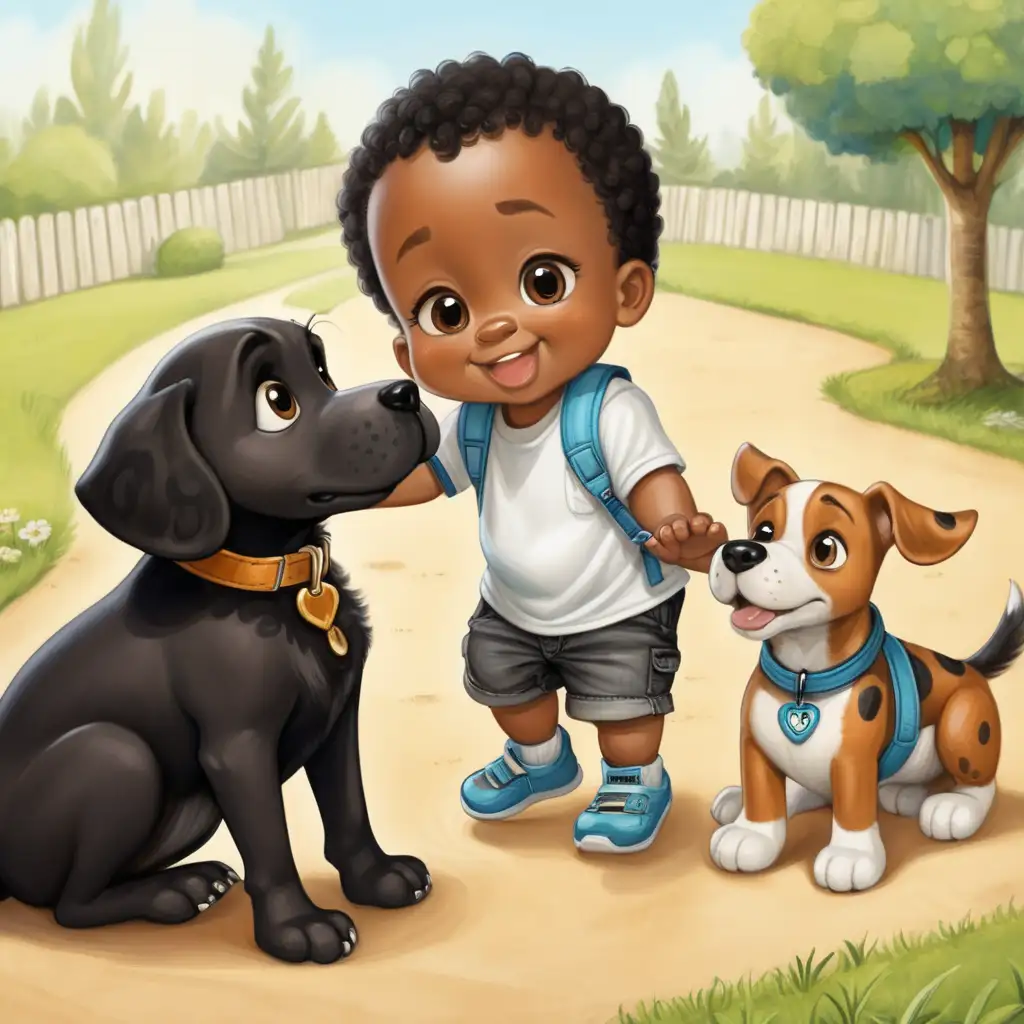cute black baby boy and dog happy land