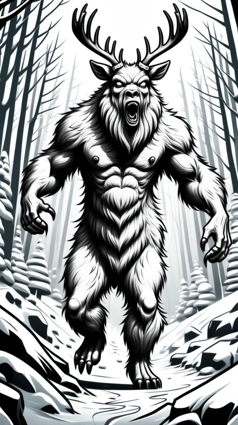 YETI, KILLING DEER, LOW DETAIL, THICK LINES, CARTOON STYLE,NO SHADING, BLACK AND WHITE ONLY, NO COLOUR,