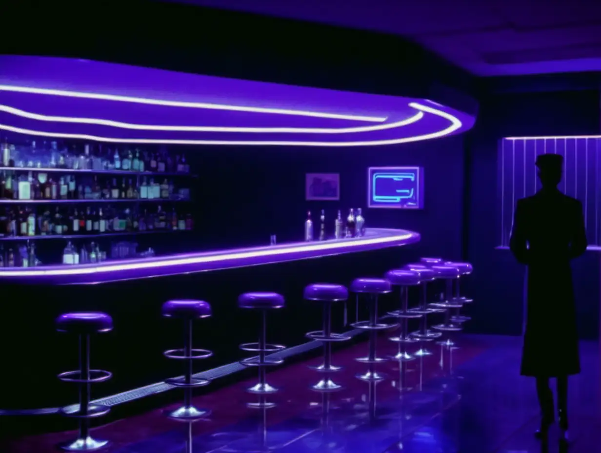 footage from a 1995 sci-fi film, minimalist, bar scene, purple lit