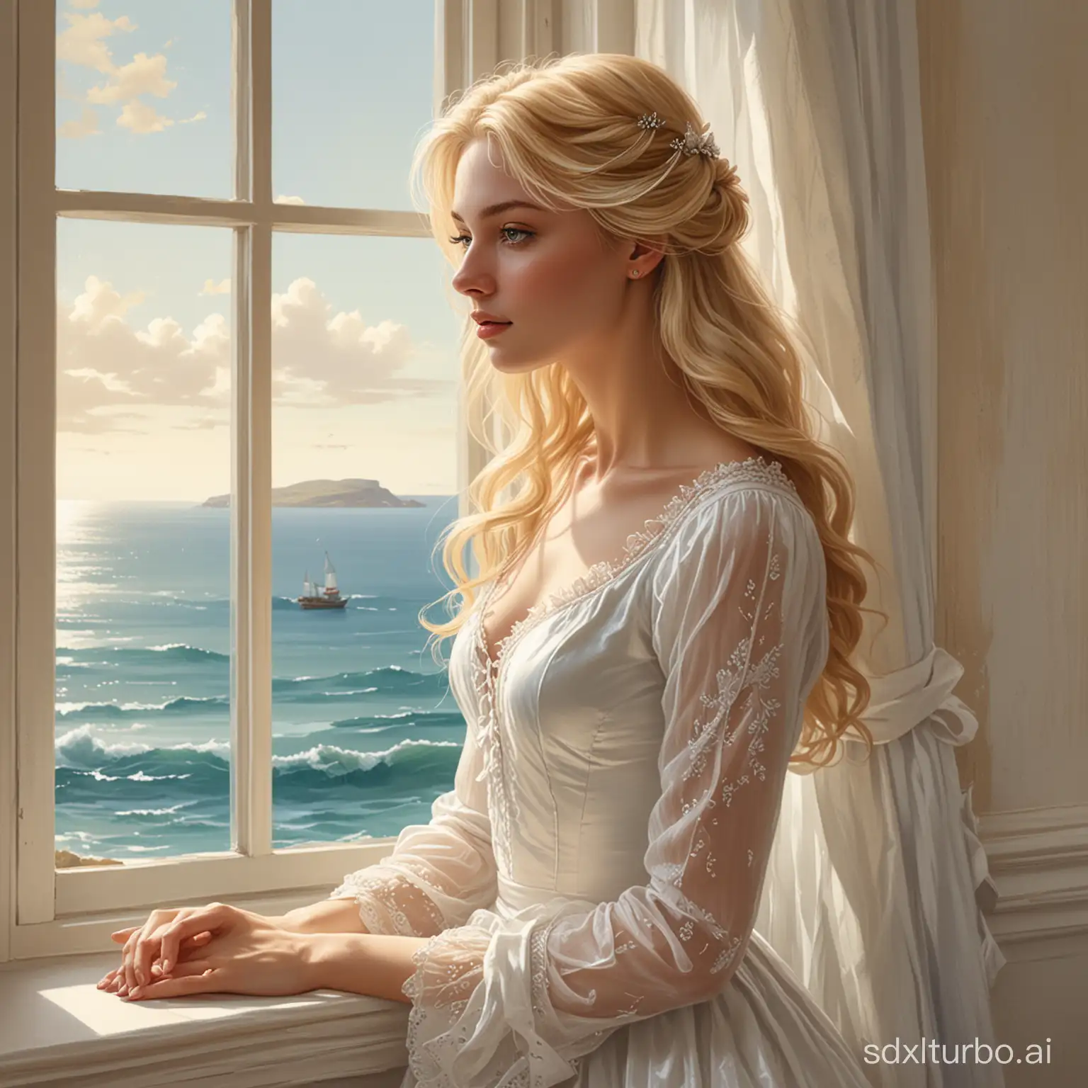 ma, a painting of a beautiful blond woman perfect, in front of a window by the sea, beautiful illustration, a beautiful artwork illustration, storybook art, alice , fairy-tale illustration style, fairy tale illustrations, elegant study, exquisite digital illustration, fairy tale illustration, by artis in the art style of bowater, intricate beautiful painting, beautiful digital illustration, white dress