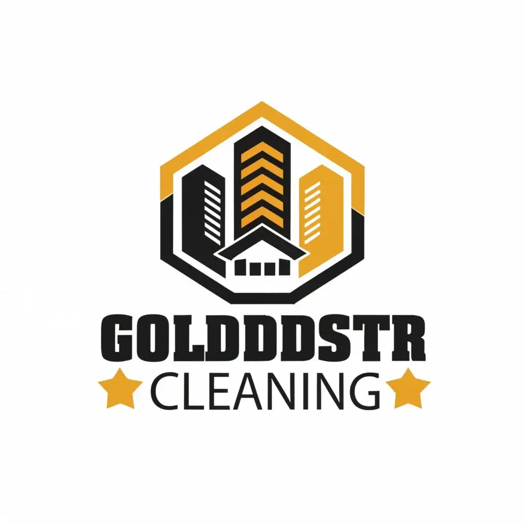 logo, modern single layer house and building in a hexagon for cleaning business white background, with the text "goldstar cleaning", typography, be used in Construction industry