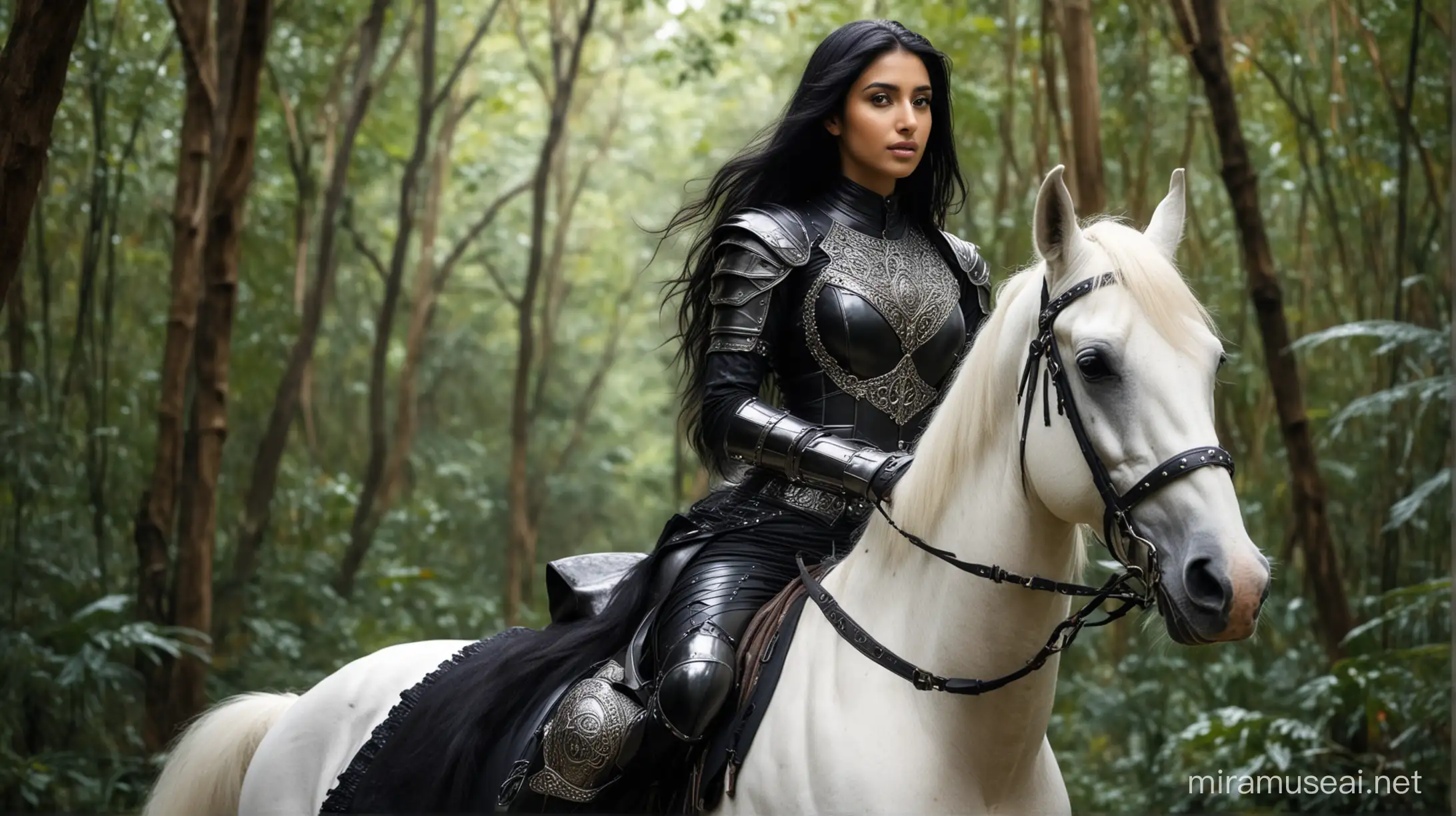 beautiful Arab woman dressed in black knight armor, in an Indian rainforest, she is about 21 years old, long black hair, beautiful nose, attractive cheek bones, arched eyebrows, she is riding a white horse