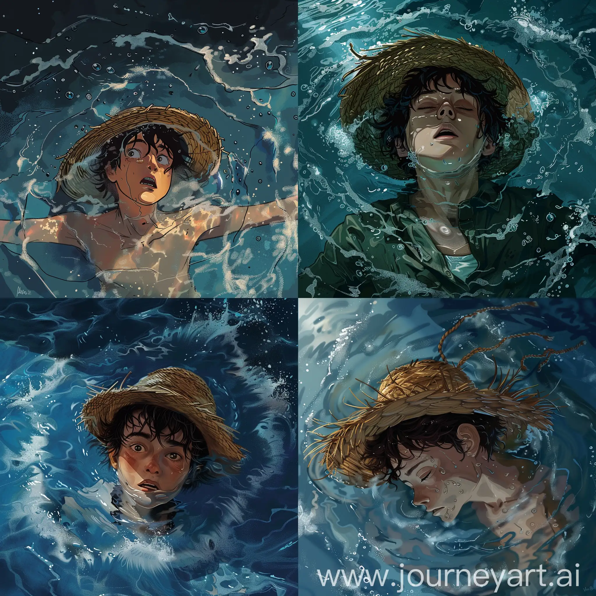 A teenager with a straw hat drowning in the deep water, book cover, digital art, professional, comic poster