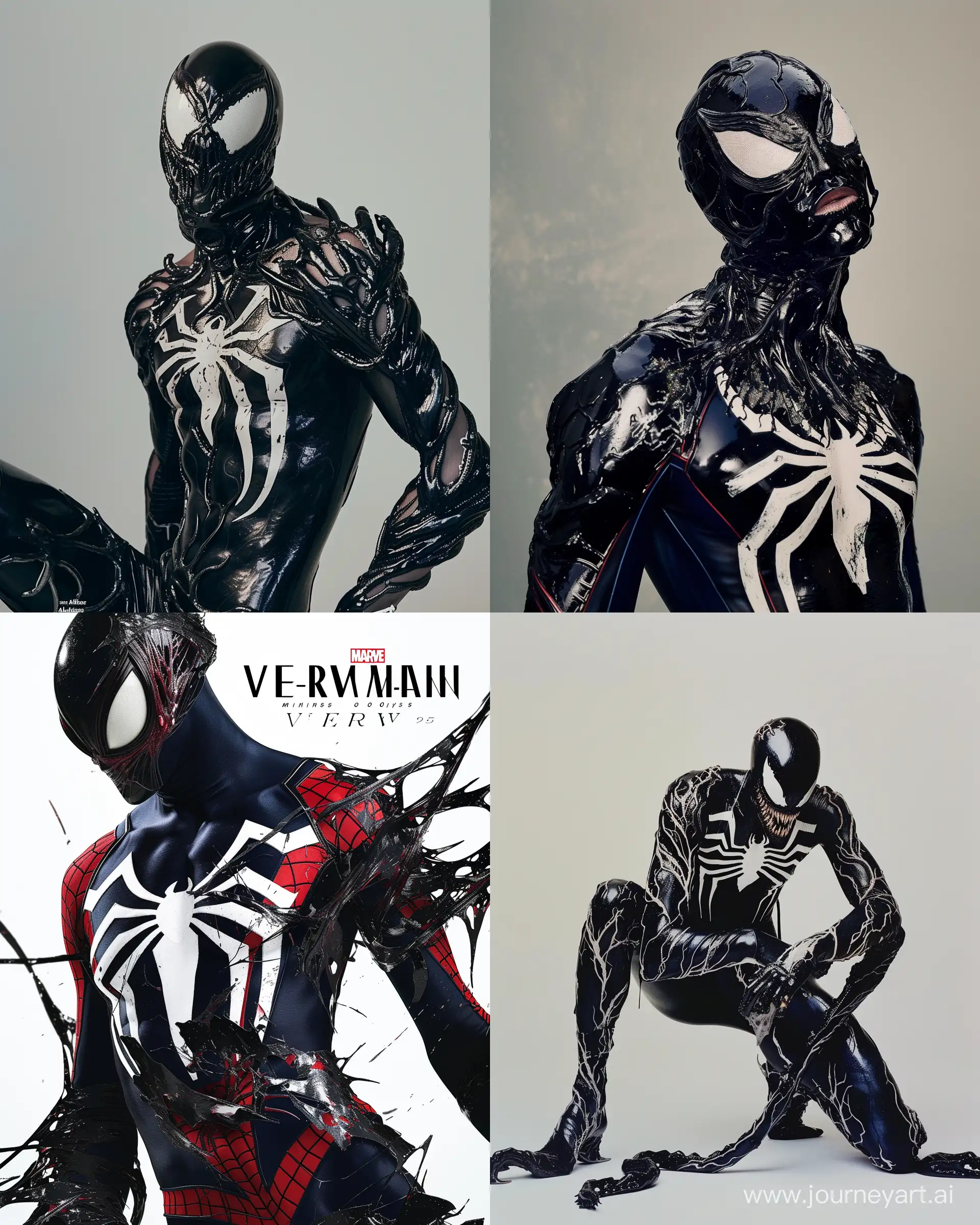 Experience the allure of high fashion with a jaw-drop cover shot by the talented Miles Aldridge. This visually stunning image showcases a striking Venom Spider man. Shot with the Zeiss Otus 85mm f/1.4 lens, this photo offers exceptional sharpness and detail, allowing every intricate detail of the model's ensemble to shine. The raw style chosen adds a touch of authenticity, elevating the image to a new level of visual appeal. With a stylization level of 50, the image blends fashion and art, creating a truly unforgettable cover --ar 4:5 --style raw --stylize 50 --v 6.0