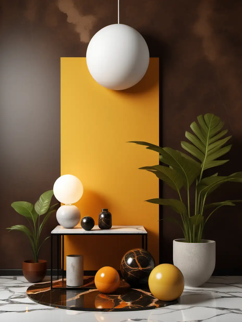 Warm Green and Yellow Interior Design Material Collage with Lamp and Potted Plant