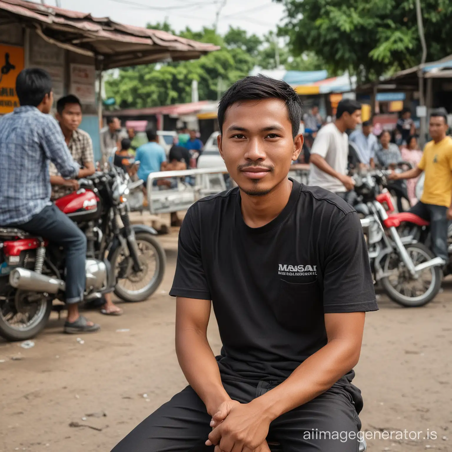 A 30-year-old Indonesian man with a clean face, short hair, is sitting with friends at a motorcycle taxi stand. The man's black shirt bears the name "Masdi". Background at a roadside motorcycle taxi stand. Very realistic