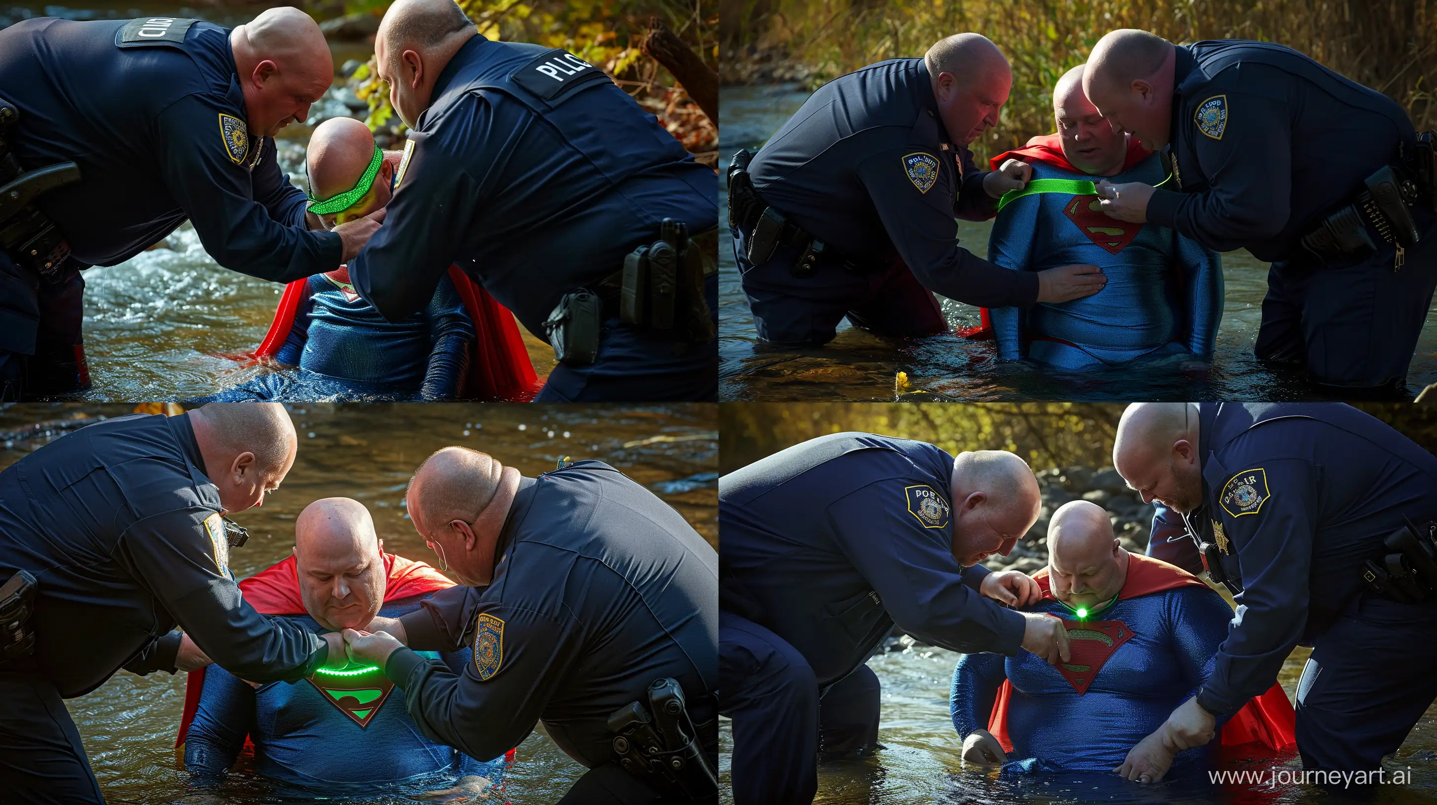 A closeup photo of two chubby man aged 60 wearing a long-sleeved navy police uniform, bending over and tightening a green glowing small short dog collar on the neck of another chubby man aged 60 sitting in the water and wearing a tight blue silky superman costume with a large red cape. Stream. Natural Light. Bald. Clean Shaven. --style raw --ar 16:9 --v 6