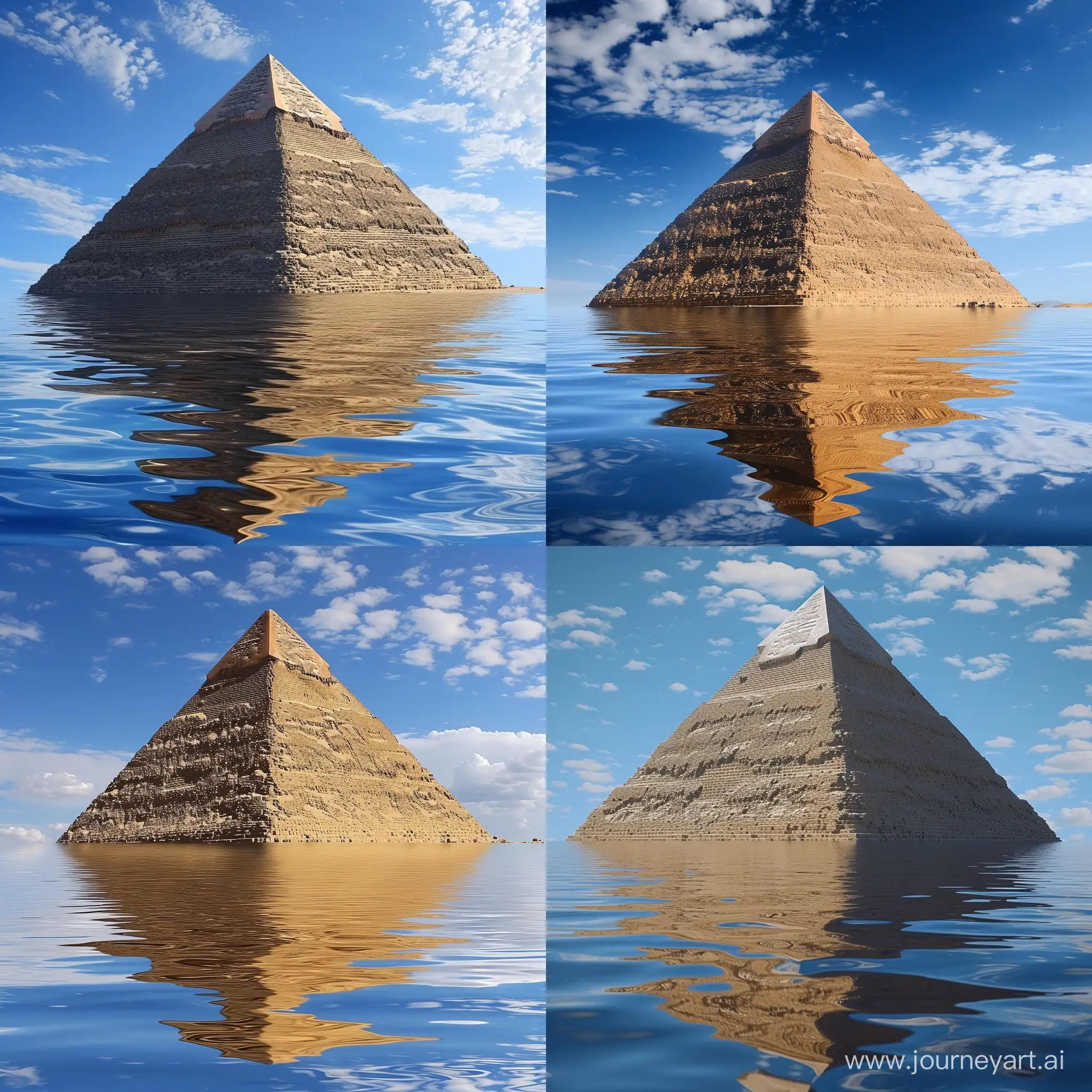 hyper image of an egyptian pyramid sitting under the blue sky and reflected by the water under it. 

