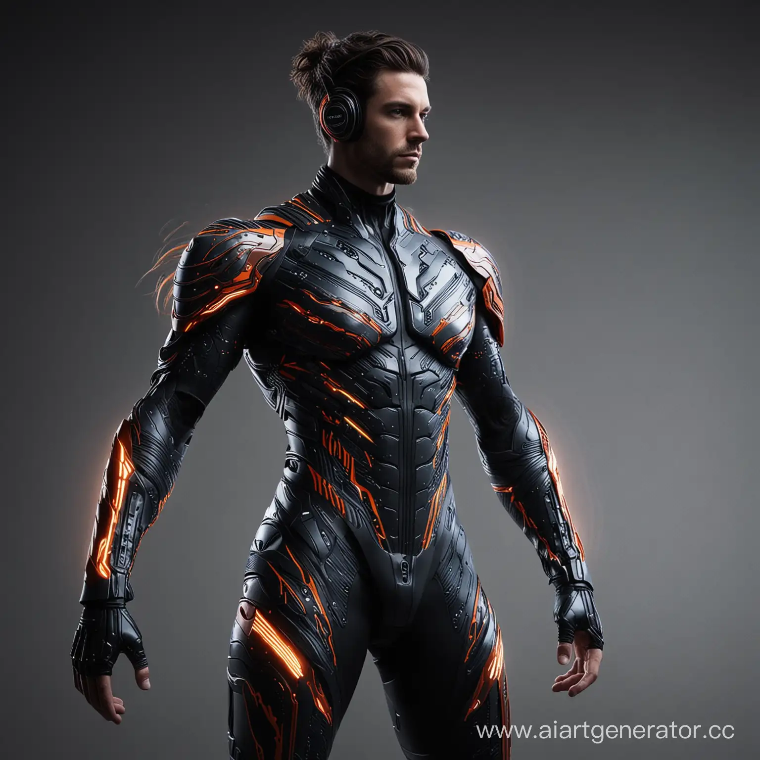 Seth Surge: Envision a vibrant, high-tech suit with pulsating sound wave patterns, equipped with built-in sound amplification devices and resonance emitters.make it cinematic 