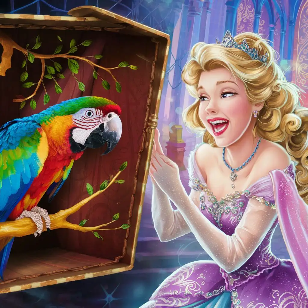 The beautiful princess laugh while watching a colourful parrot in mystery box
