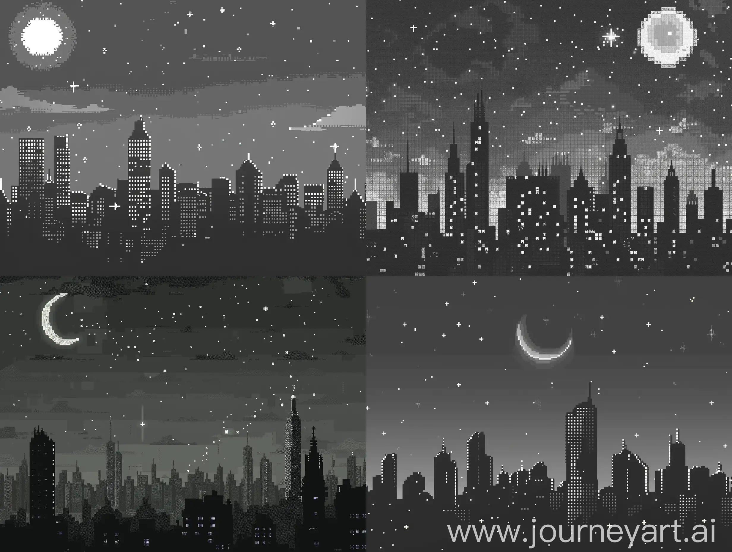 horizontal digital black and gray pixel art of a city view including tall and short buildings and a moon and sparkling stars