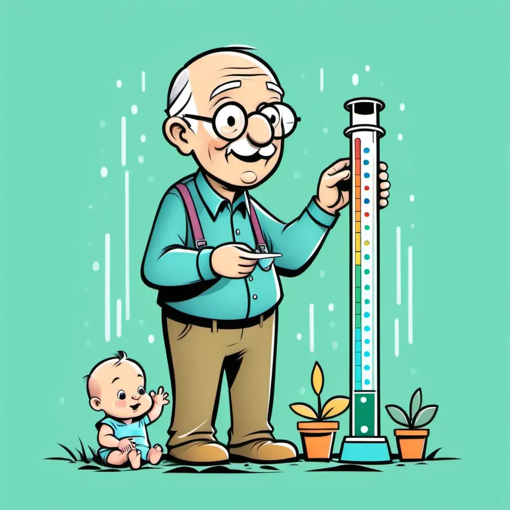 simple cartoon drawing of grandad checking rain guage with baby coloured background